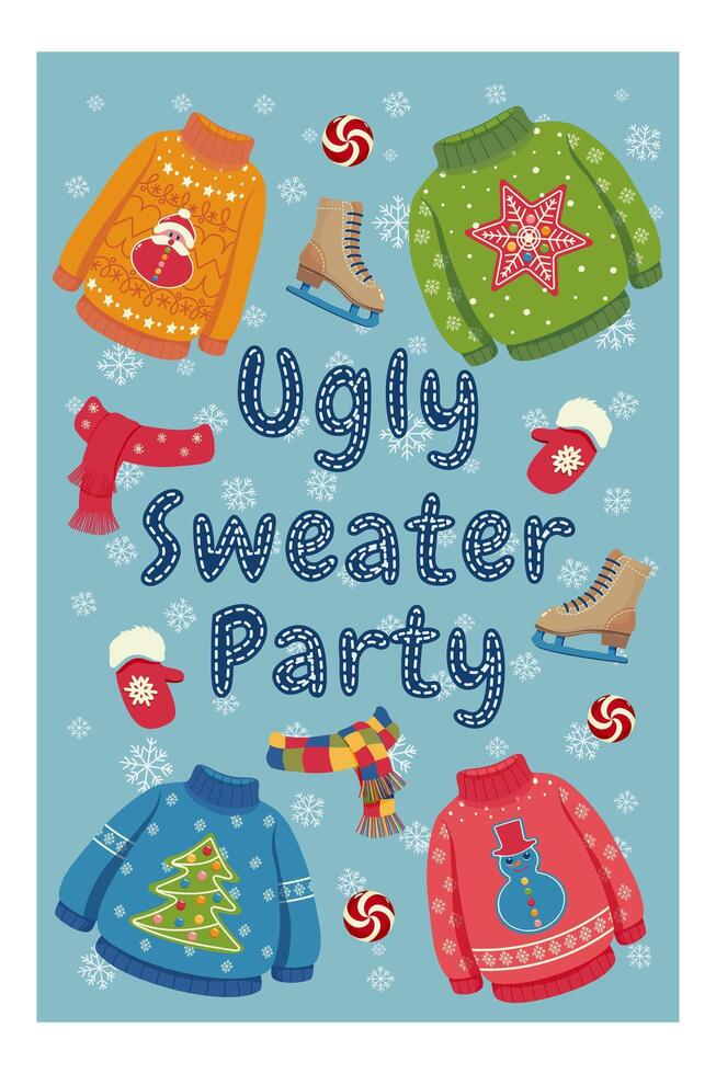 Ugly Sweater Party illustration with Christmas themed sweaters, scarves, mittens, ice skates, and snowflakes on blue background. Winter holiday invitation design. vector