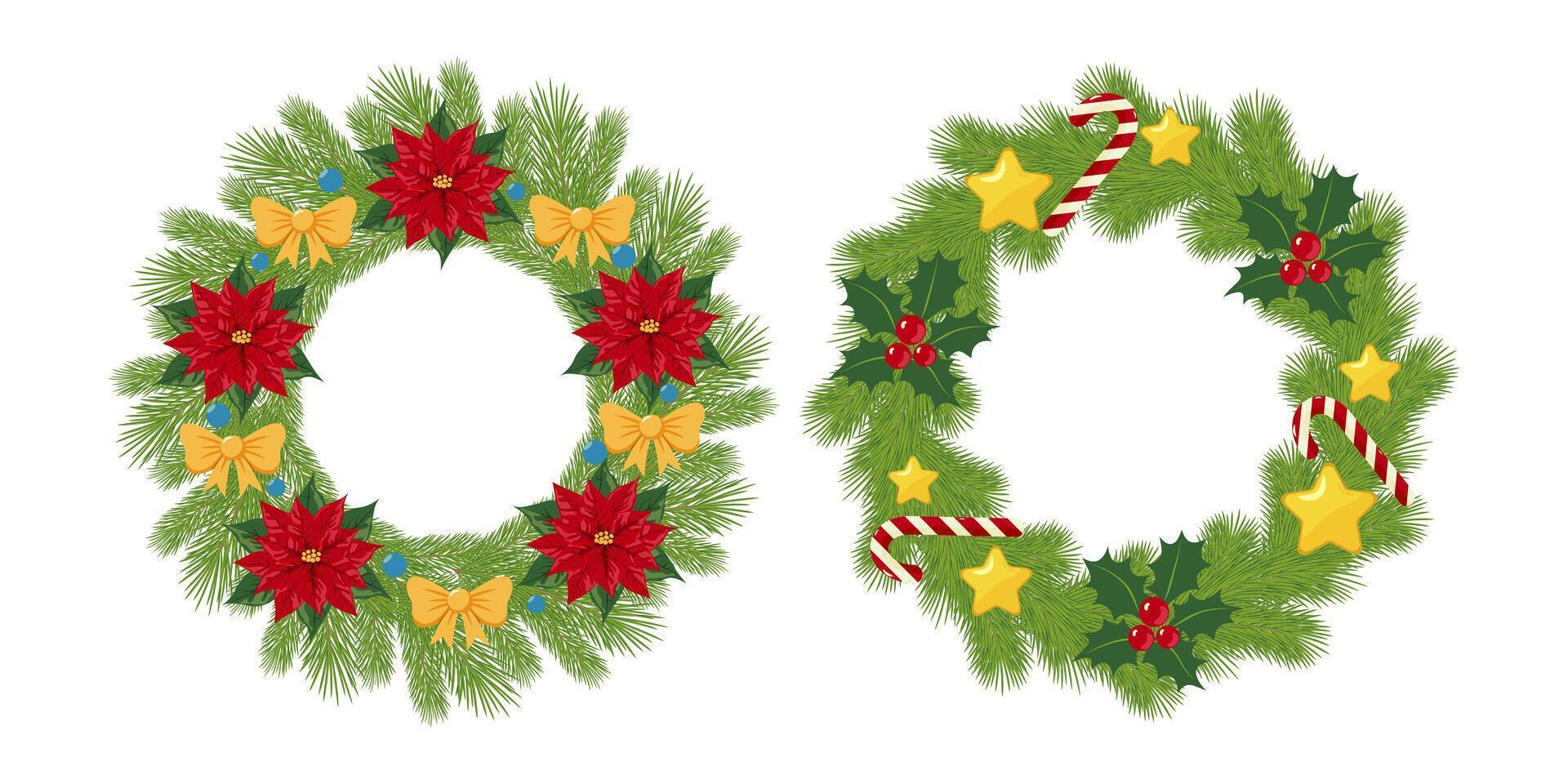 Holiday Christmas wreath set with pine branches, red holly berries, poinsettias, and candy cane on a white background. Design for greeting card, invitation, poster, and banner. vector