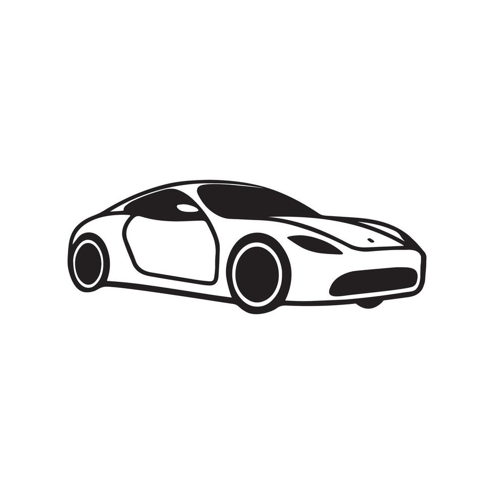 The image shows a simple, minimalist icon of a car. The car is depicted in a side profile with smooth, rounded lines, and it is colored white against a dark brown background. vector