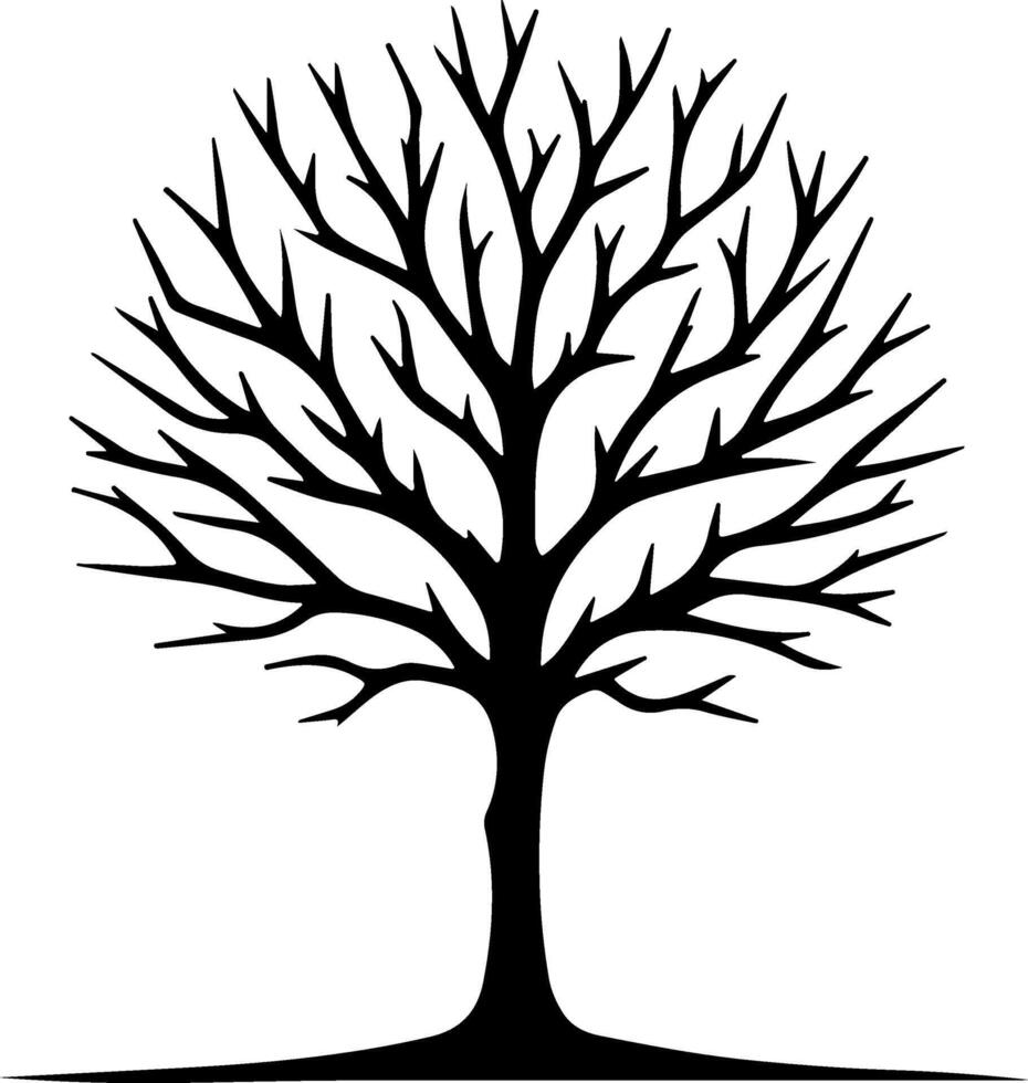 This image features a minimalist, black silhouette of a leafless tree with intricate branches extending outward in all directions. The tree has a symmetrical structure with branches that spread wide. vector