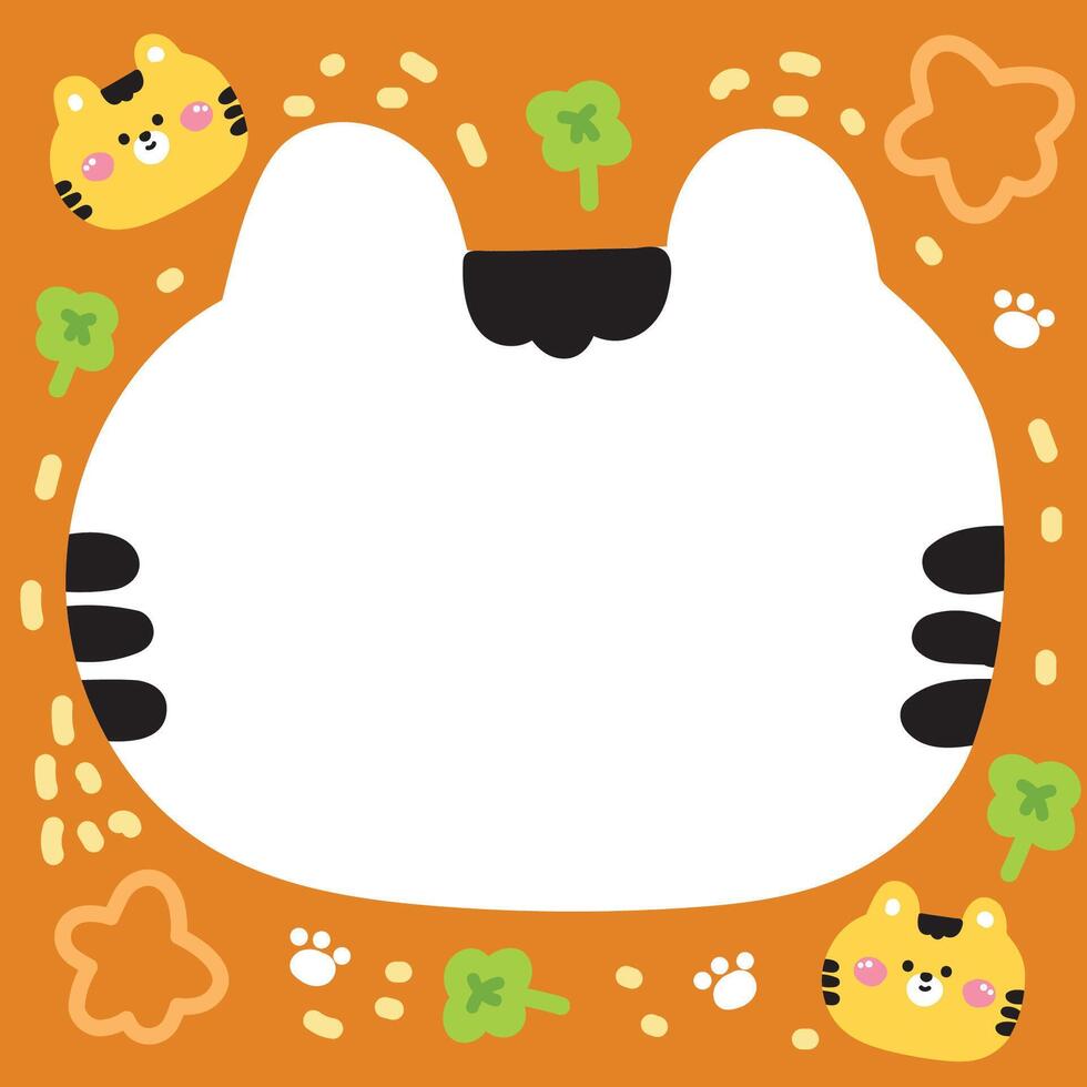 Cute tiger face head in paper note.Stationary template.Clover leaf,star,paw hand drawn.Wild animal character cartoon design.Image for card,sticker,paper sheet.Kawaii.Illustration. vector