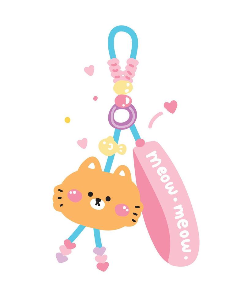 Cute cat face head keychain bag with bead.Fish hand drawn.Pet animal cartoon.Meow.Image for card,sticker,decoration item.Kawaii.Illustration. vector