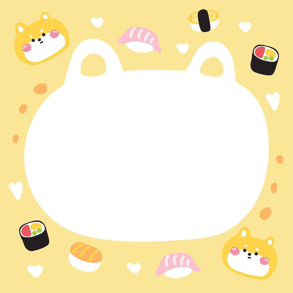 Cute shiba inu dog face head in paper note.Stationary template.Sushi is japanese food hand drawn.Japanese pet animal character cartoon design.Image for card,sticker,paper sheet.Kawaii. vector
