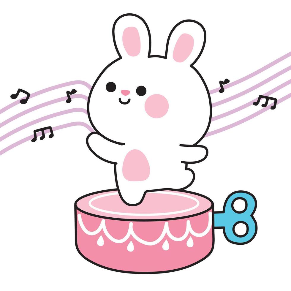 Cute rabbit dancing wind up toy hand drawn.Bunny.Rodent animal character cartoon design.Music,note,song.Kid.Play.Fun time.Kawaii.Illustration. vector