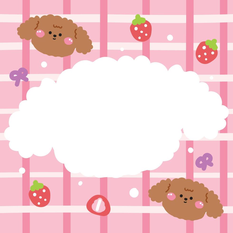 Cute dog face head in paper note.Stationary template.Strawberry and bow hand drawn.Pet animal character cartoon design.Image for card,sticker,paper sheet.Kawaii.Illustration. vector