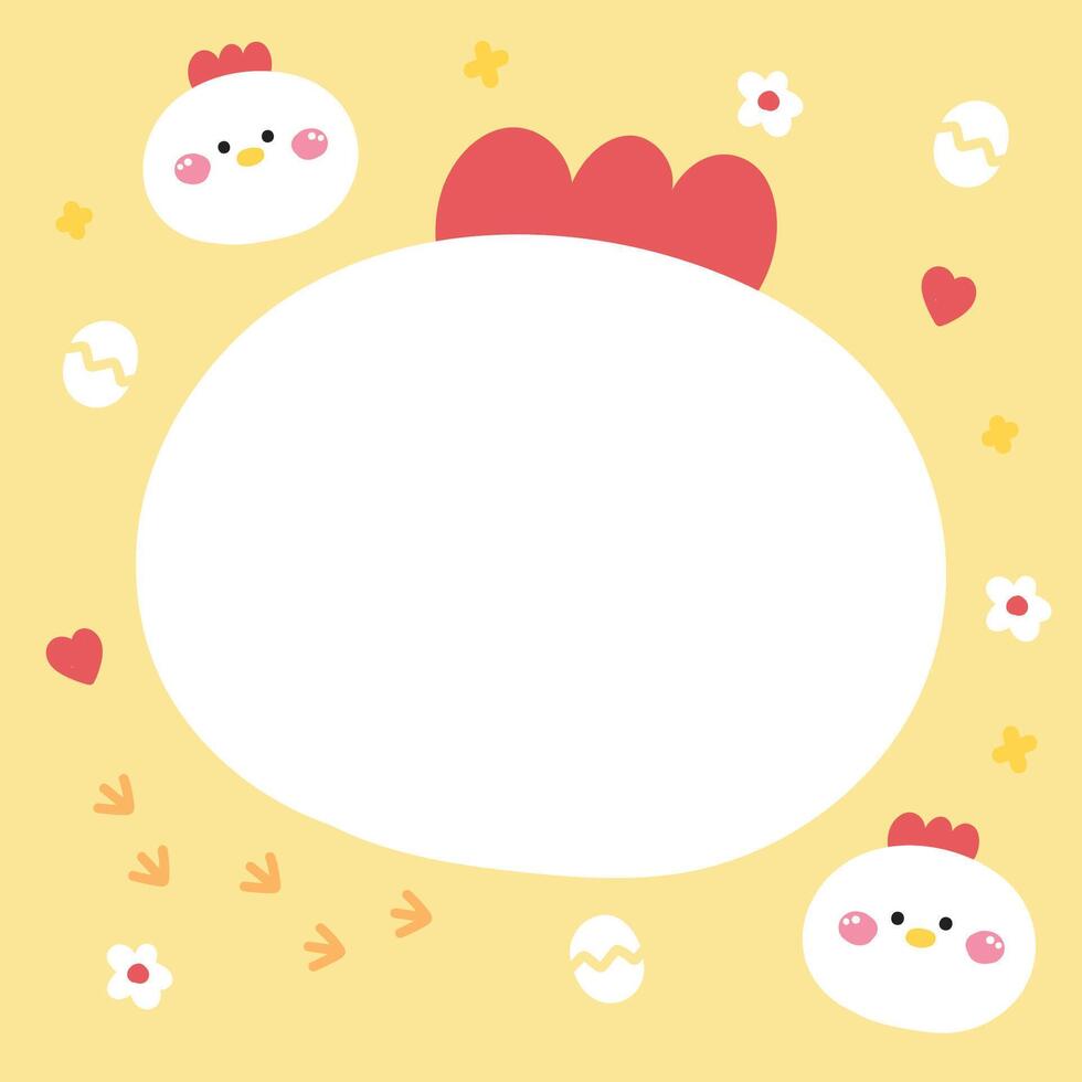 Cute hen face head in paper note.Stationary template.Egg,flower,heart,chicken footprint.Farm bird animal character cartoon design.Image for card,sticker,paper sheet.Kawaii.Illustration. vector