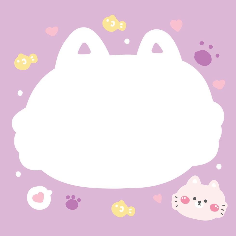 Cute cat face in paper note.Stationary template.Meow.Fish,heart,paw hand drawn.Pet animal character cartoon design.Image for card,sticker,paper sheet.Kawaii.Illustration. vector