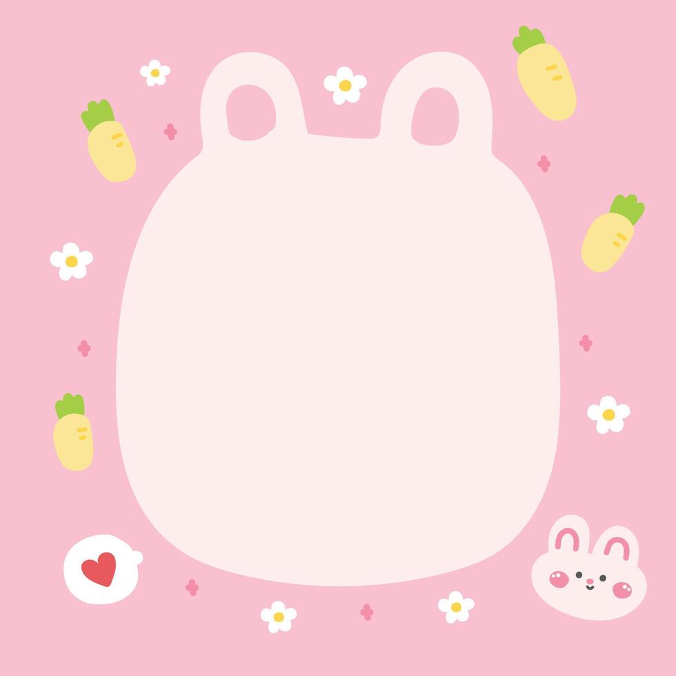 Cute rabbit bunny face in paper note.Stationary template.Easter.Carrot,heart,flower hand drawn.Rodent animal character cartoon design.Image for card,sticker,paper sheet.Kawaii.Illustration. vector