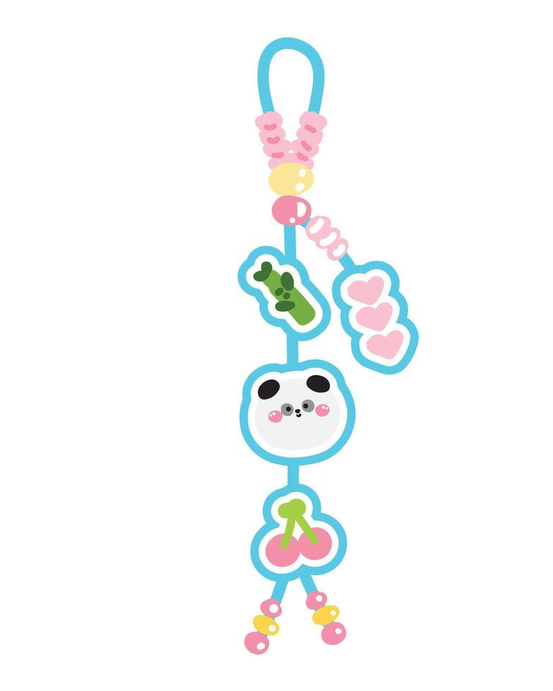 Cute panda bear face keychain bag with various shape bead.Bamboo,cherry,heart hand drawn.Wild animal cartoon.Kawaii.Illustration. vector