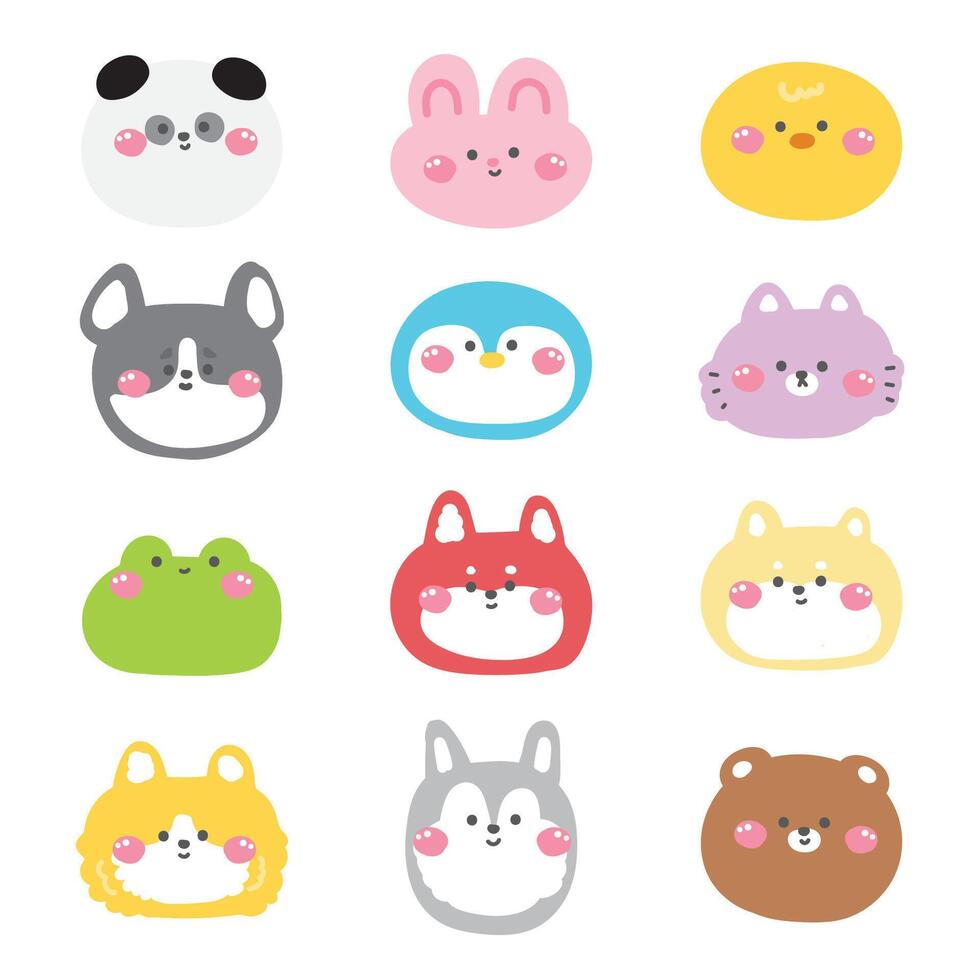 Set of cute face head animals in pastel and doodle style.Wild,pet,bird,farm,rodent,reptile hand drawn.Animals character cartoon design.Kawaii.Illustration. vector