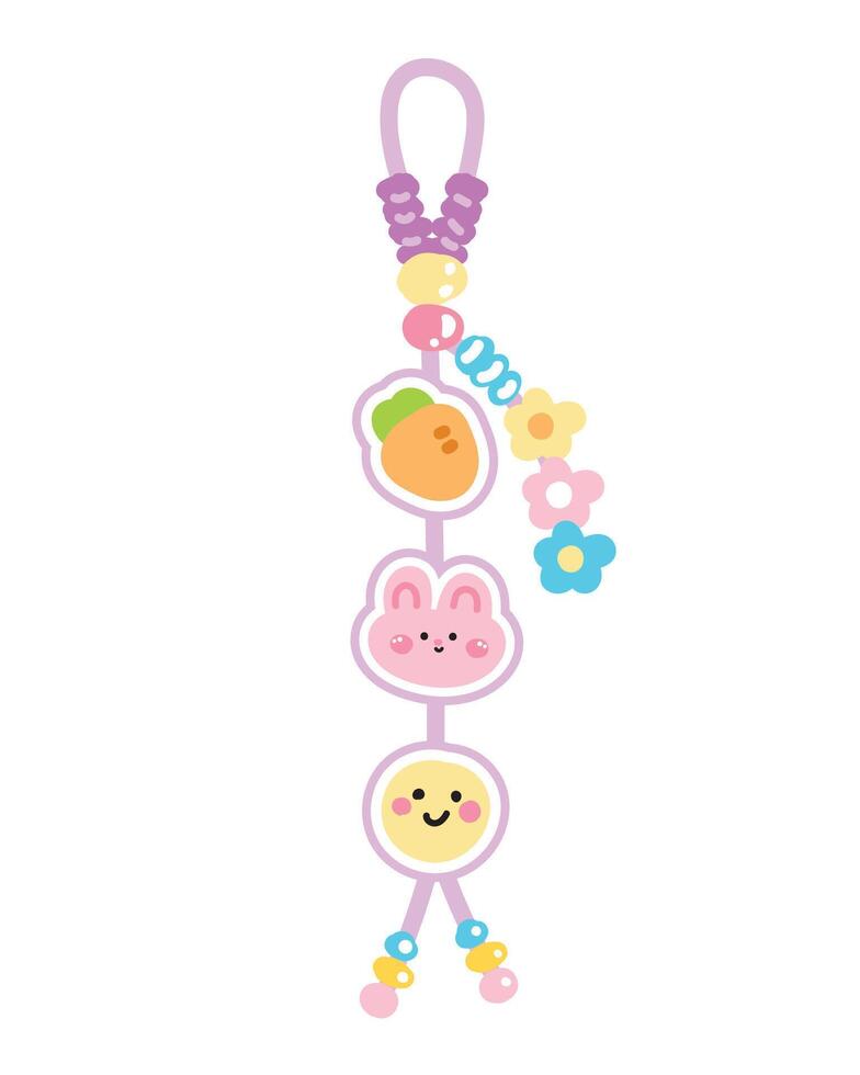 Cute rabbit face keychain bag with various shape bead.Carrot,smile face,flower hand drawn.Rodent animal cartoon.Kawaii.Illustration. vector
