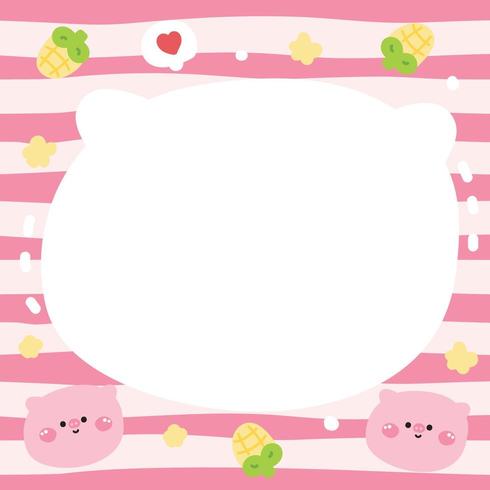 Cute pig face head in paper note.Stationary template.Corn,heart,star hand drawn.Farm animal character cartoon design.Image for card,sticker,paper sheet.Kawaii.Illustration. vector