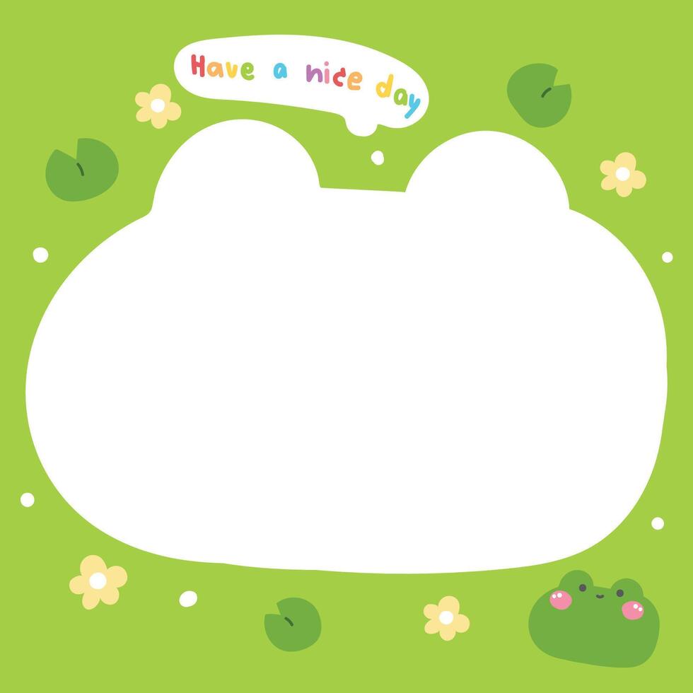 Cute frog face head in paper note.Stationary template.Lotus leaf,flower,have a nice day text hand drawn.Reptile animal character cartoon design.Image for card,sticker,paper sheet.Kawaii. vector