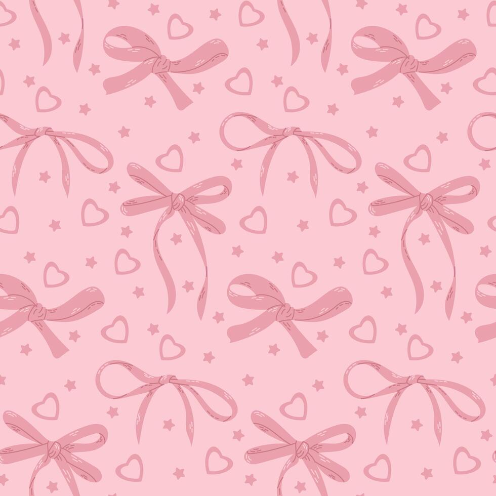 Pink bows seamless pattern with hearts and stars on light pink background. Cute and playful design suitable for festive or girly themes. St Valentines day illustration vector