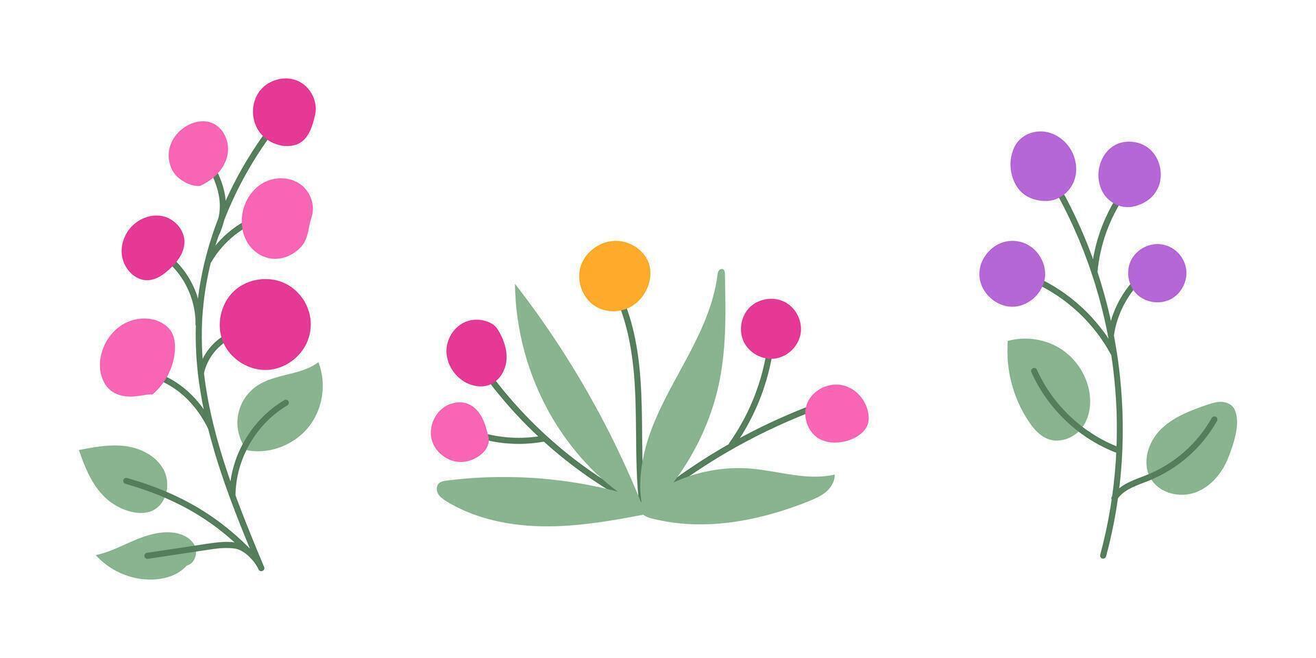 Simple and colorful floral illustration with pink, purple, and yellow flowers with green leaves isolated on white background. Simple artwork in Mexican art stye vector