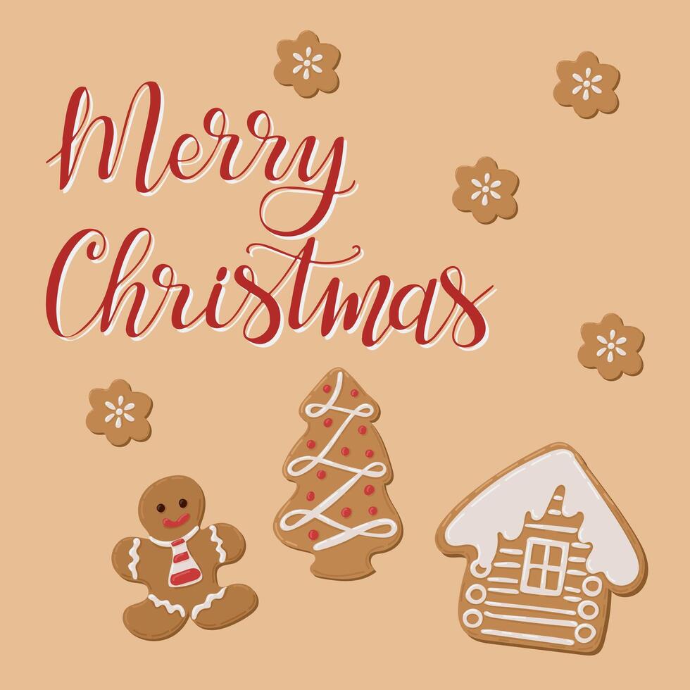 Christmas greeting card with gingerbread cookies shaped as a man, tree, and house, with hand drawn calligraphy text Merry Christmas in cheerful, flat style. vector