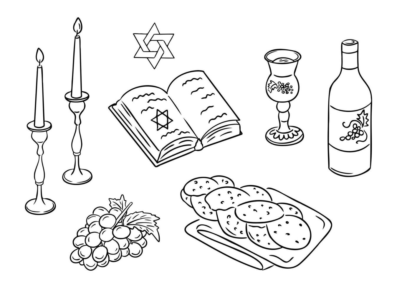 Shabbat hand drawn contour doodle set with traditional items. Monochrome outline composition with Torah, candles and bread to Jewish holiday isolated on white background vector