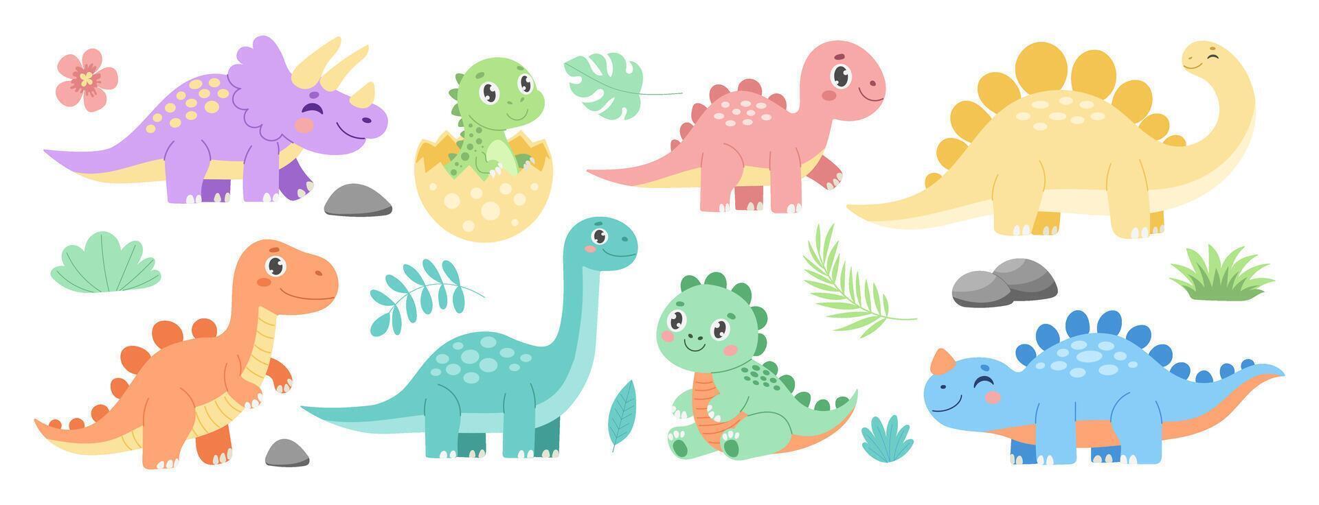 A group of cartoon dinosaurs with one of them sitting on a rock. The dinosaurs are of different sizes and colors vector