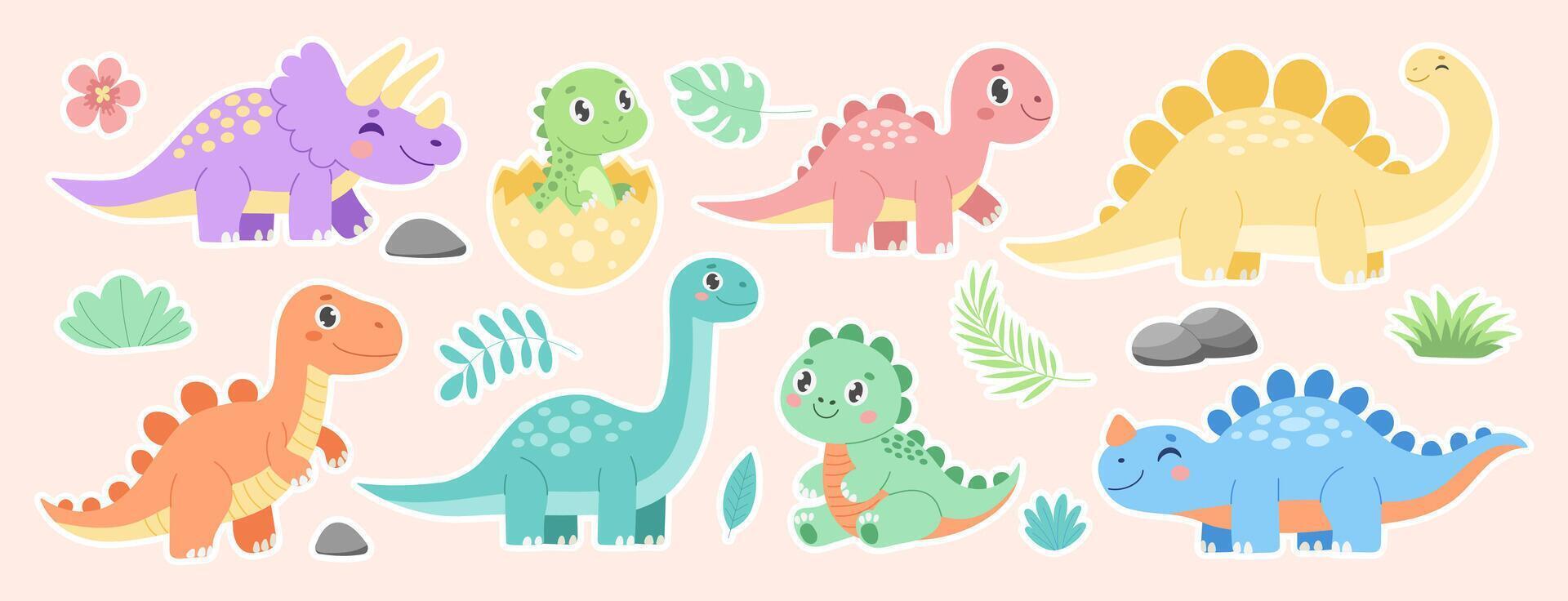 A set of dinosaur stickers with different colors and sizes. Some of the dinosaurs are green, while others are orange or yellow vector