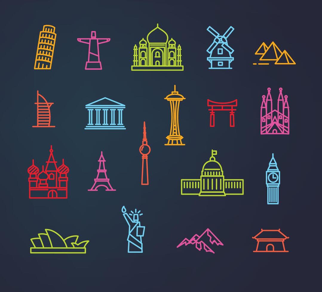 City icons in neon flat style with names Pisa, Rio, Delhi, Amsterdam, Dubai, Athens, Seattle, Tokyo, Barcelona, Berlin, Washington, Paris, London, Sydney, New York, Hong Kong vector