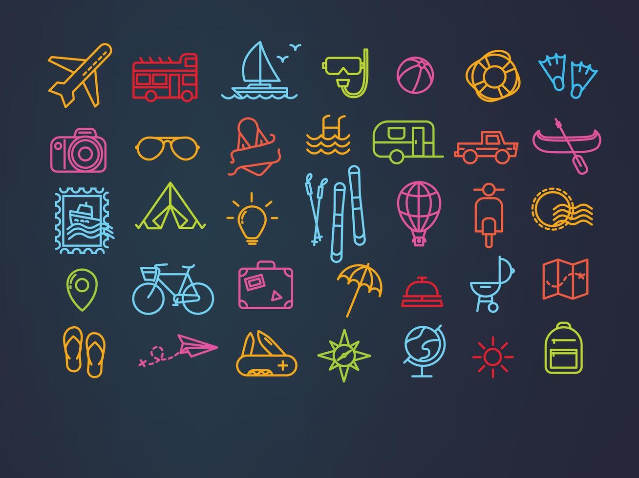 Travel icons drawing in flat modern style with neon lines. vector