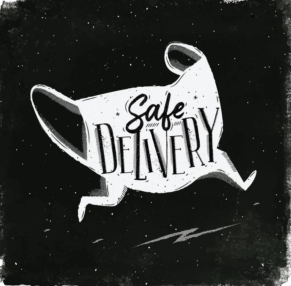 Safe delivery with running medical mask and lettering drawing with chalk on chalkboard background vector