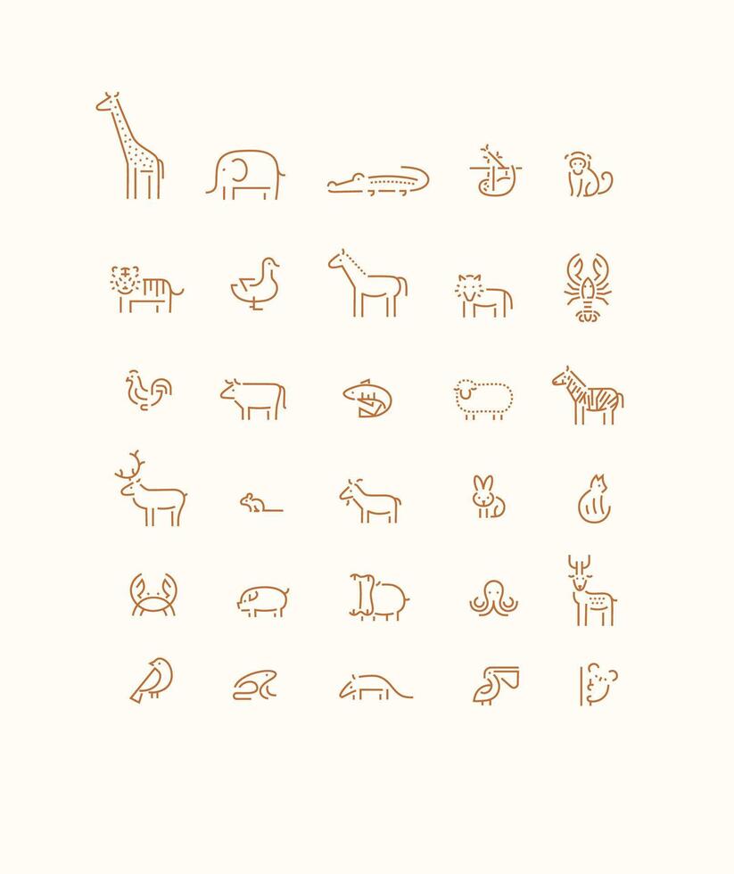 Animals collection giraffe, elephant, crocodile, sloth, tiger, cheetah, bird, horse, lion, lobster, parrot, bull, fish, sheep, zebra, deer, squirrel, goat drawing on beige background vector