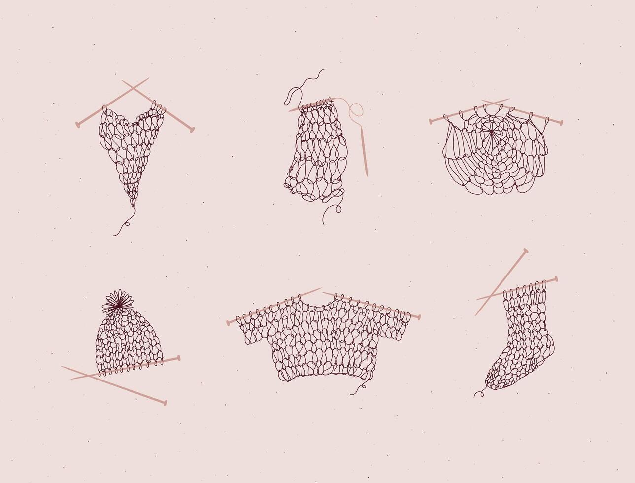 Knitting collection with needles, sweater, sock, hat, napkin, yarn, wool, cap drawing in line art style on pink color background. vector