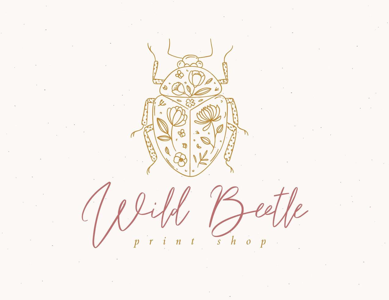 Beetle label design lettering wild print shop drawing in floral style on beige background vector