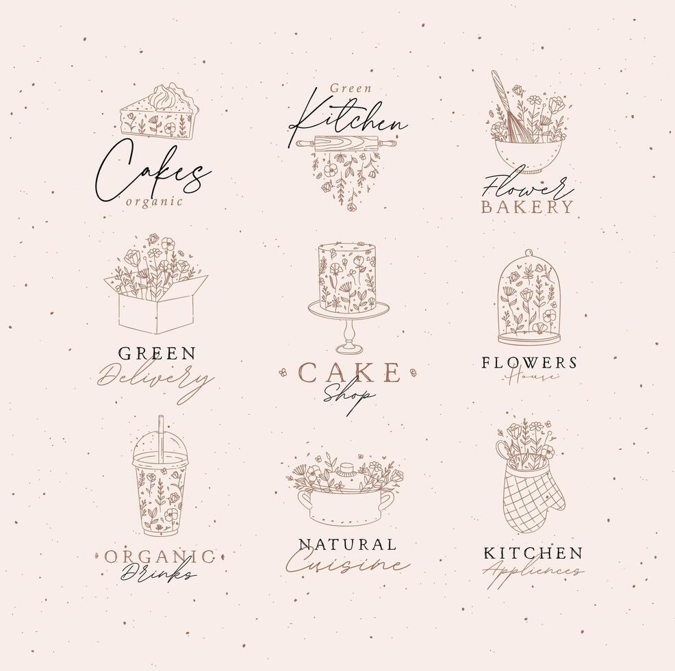 Sweets cooking appliances labels with flowers and lettering in hand drawing style on coffee background vector