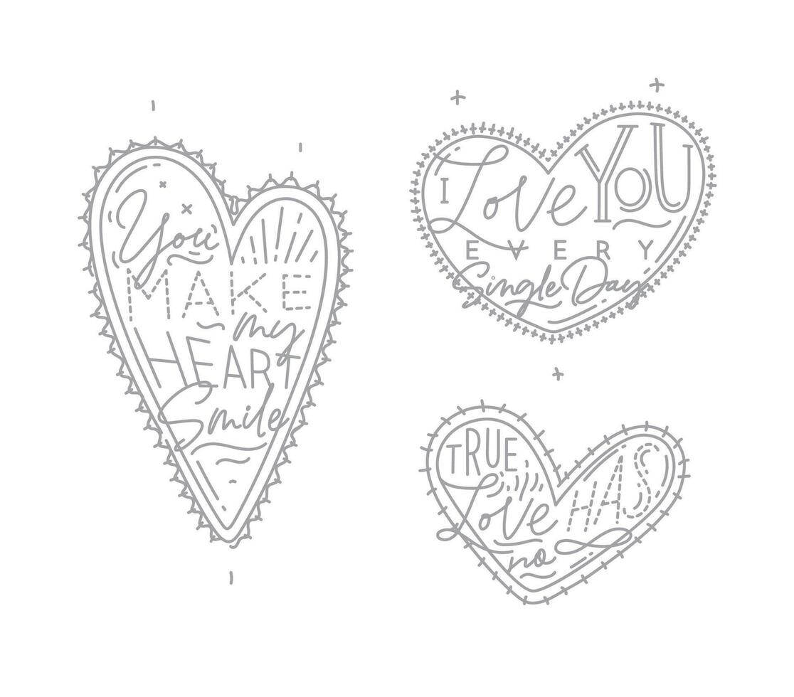 Set of valentines day flat hearts with greeting lettering drawing on white background. vector