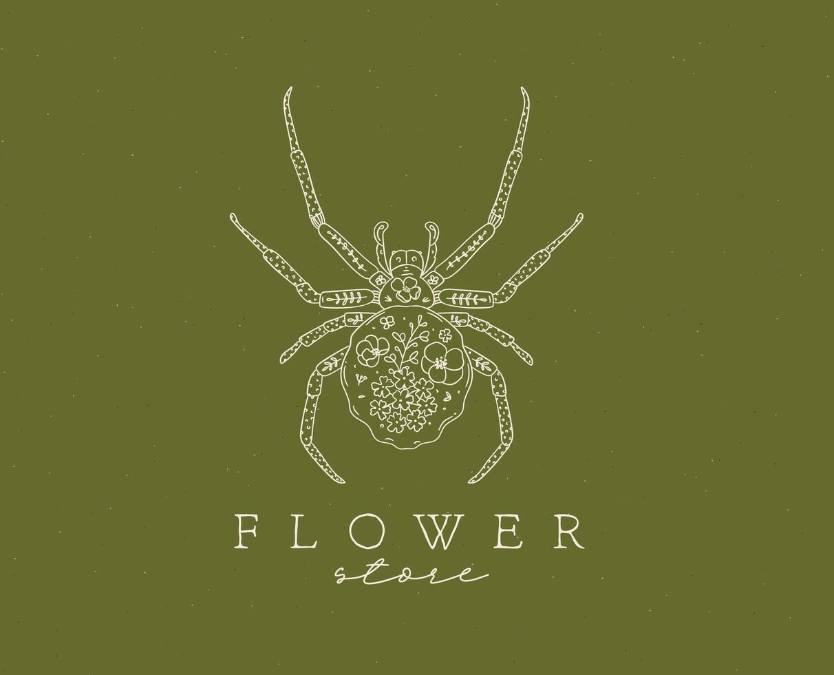 Spider label design lettering flower store drawing in floral style on green background vector