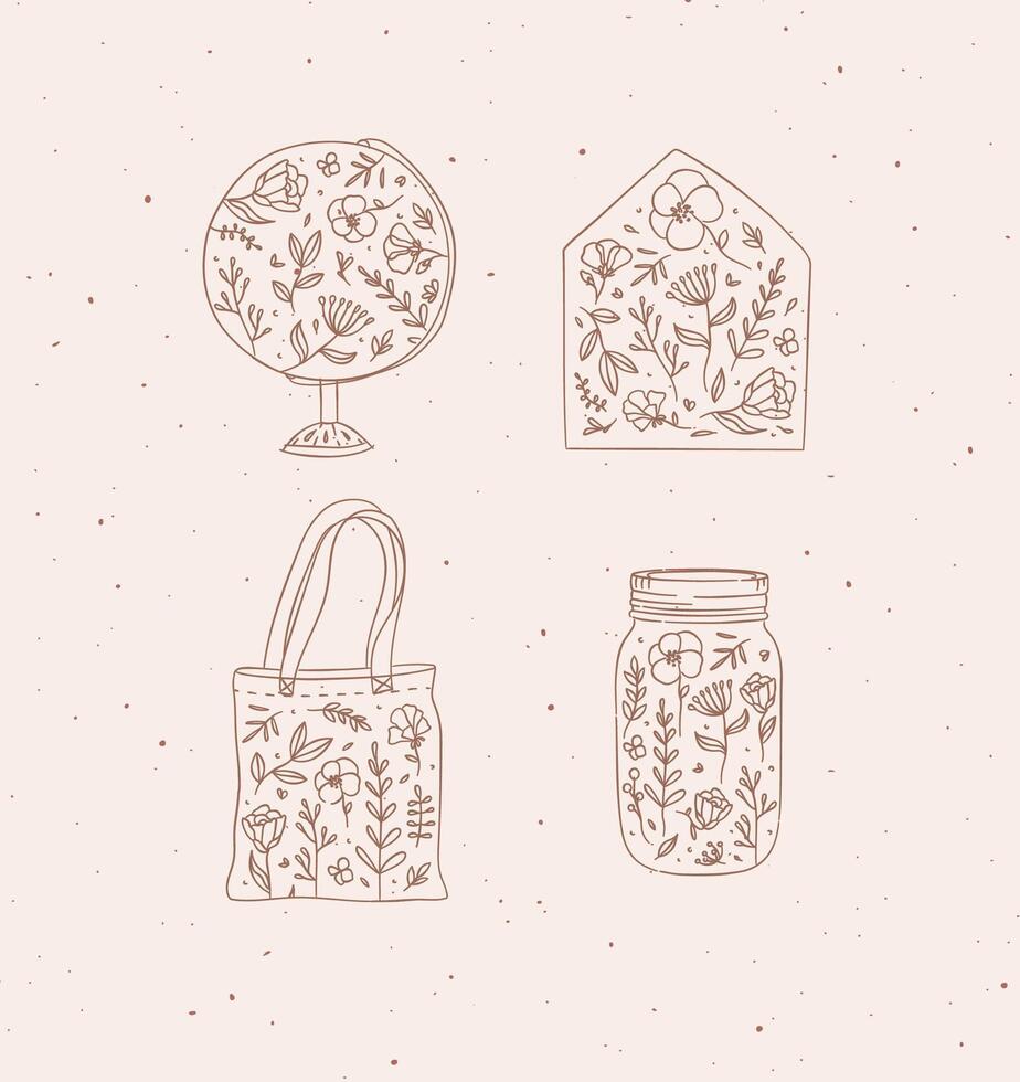 Icons globe, envelope, hand bag, jar of jam with flowers drawing on peach background vector