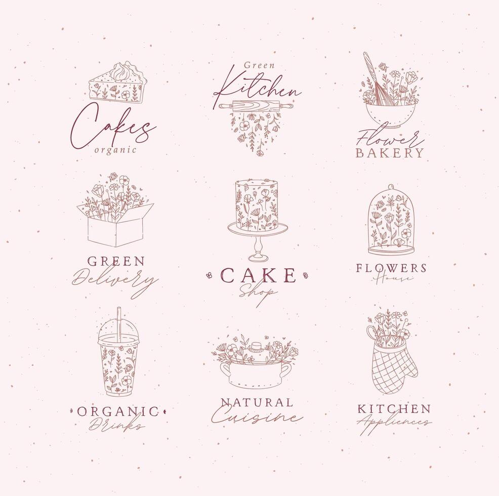 Sweets cooking appliances labels with flowers and lettering in hand drawing style on peach background vector