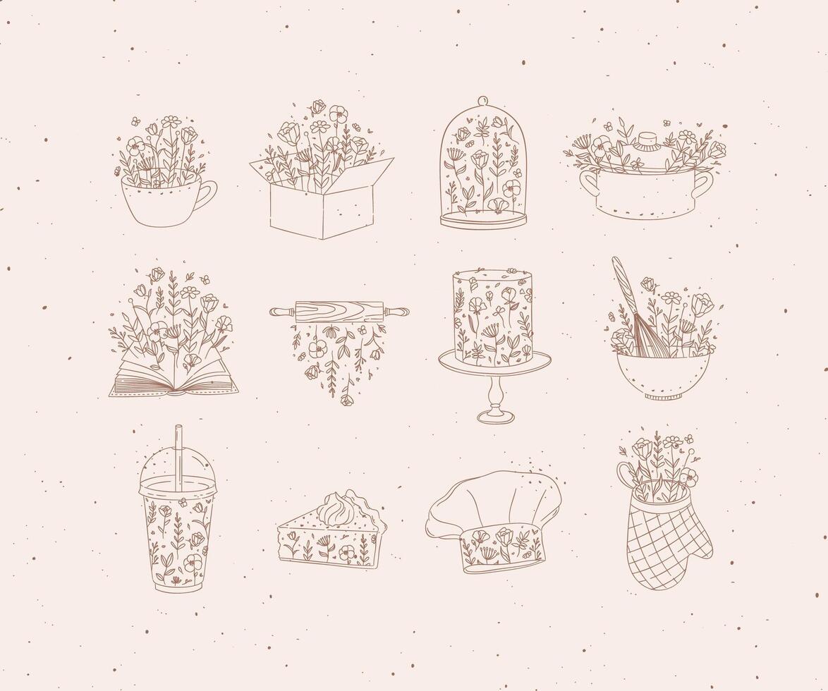 Sweets cooking appliances with flowers in hand drawing style on coffee background vector