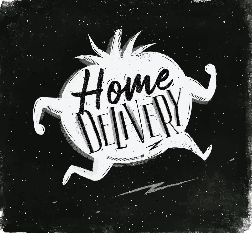 Home delivery with running tomato and lettering drawing with chalk on chalkboard background vector