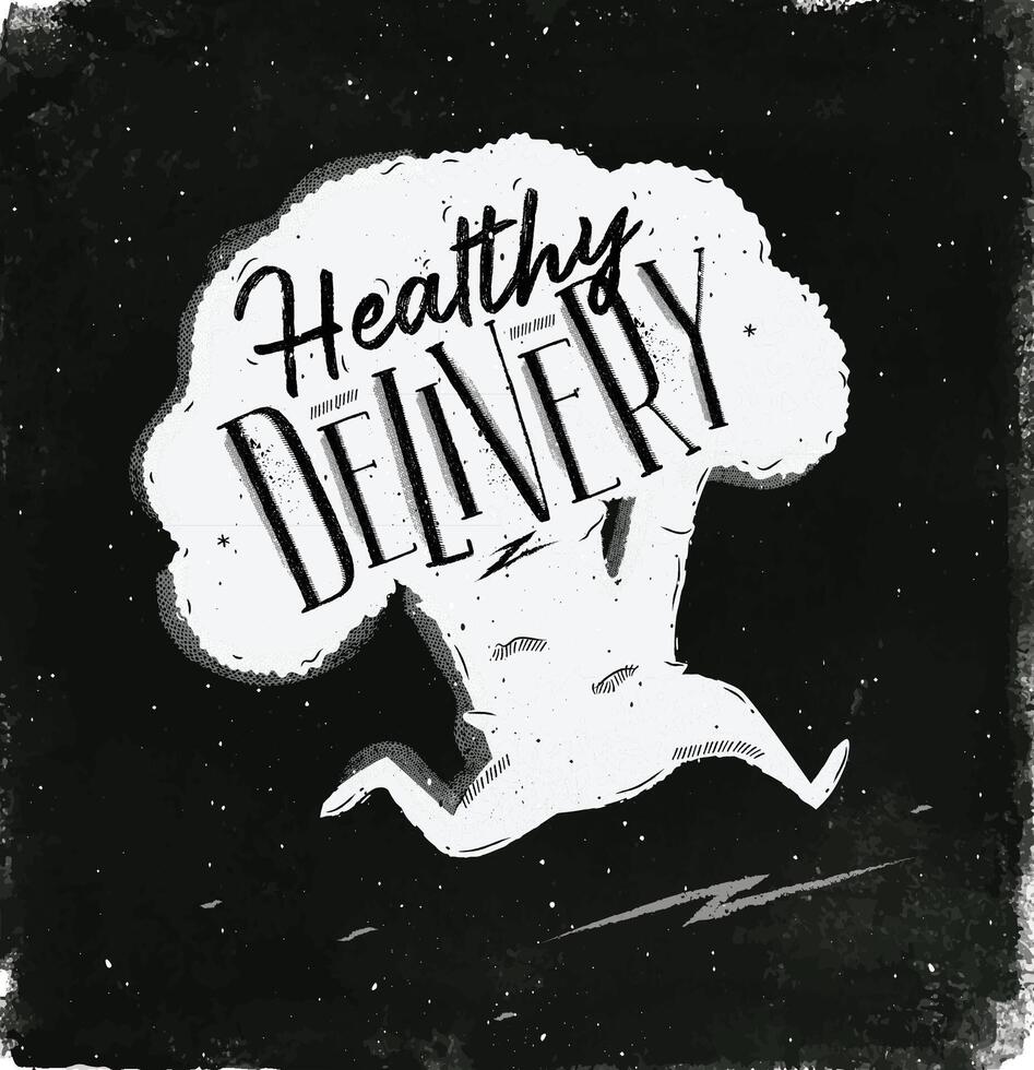 Healthy delivery with running broccoli and lettering drawing with chalk on chalkboard background vector