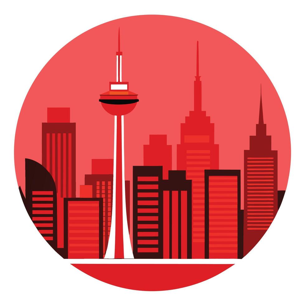 a red and white city skyline with a tower in the middle vector