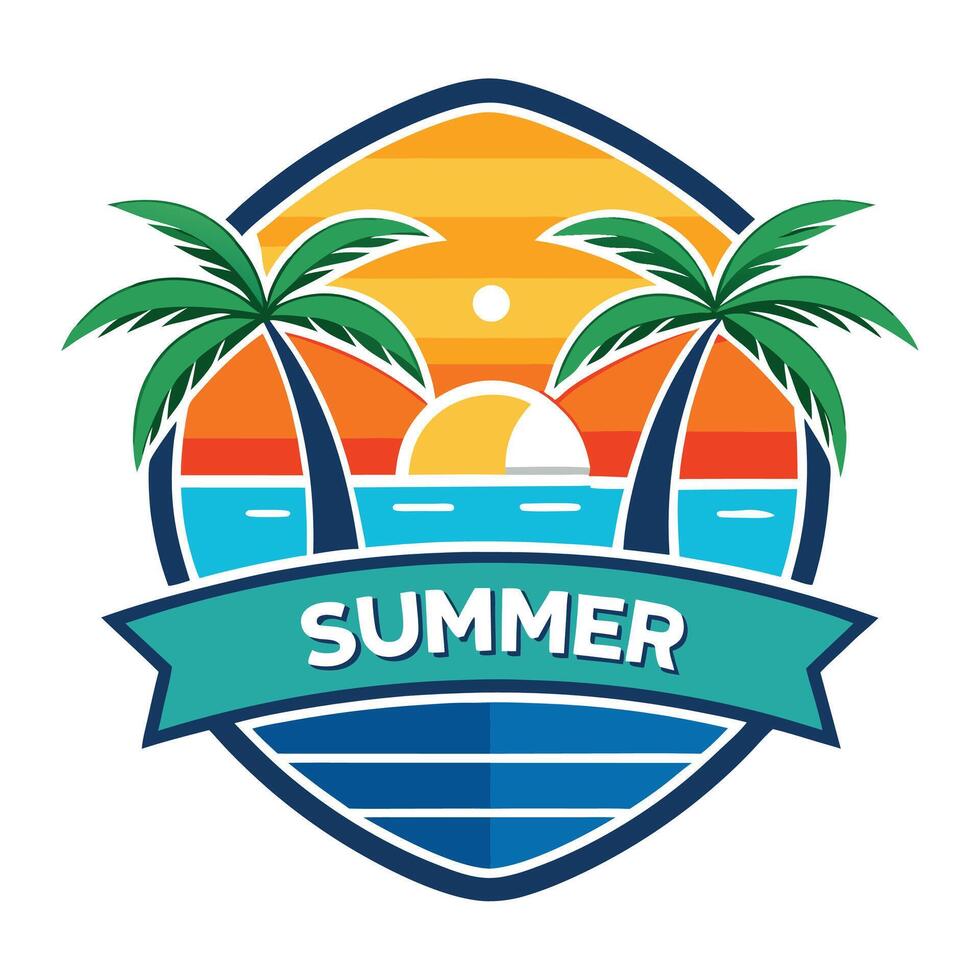 summer logo with palm trees and sunset vector
