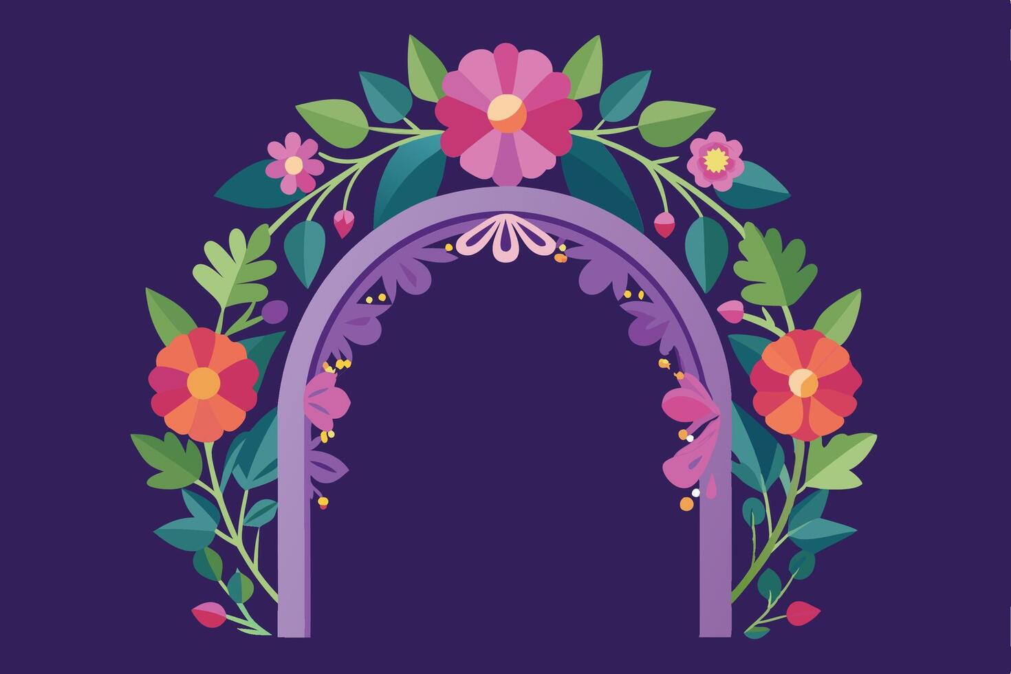 an arch made of flowers and leaves on a purple background vector