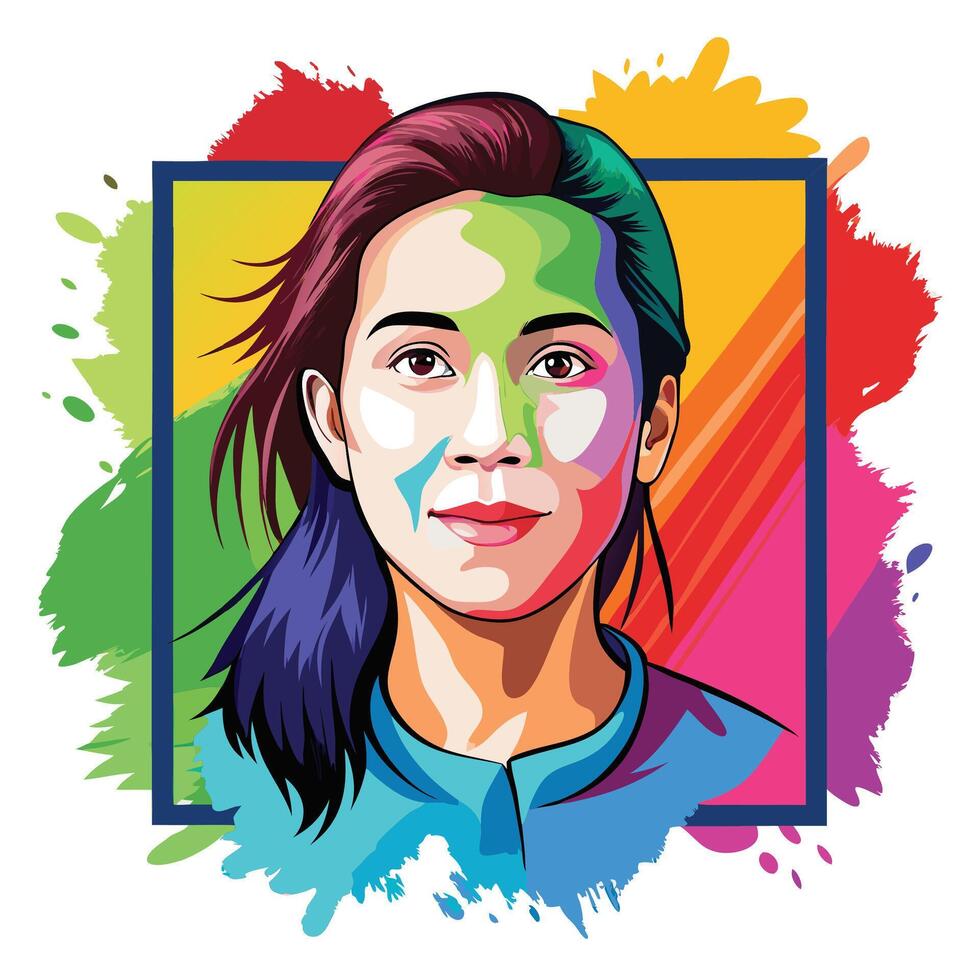 a woman with colorful paint splatters on her face vector