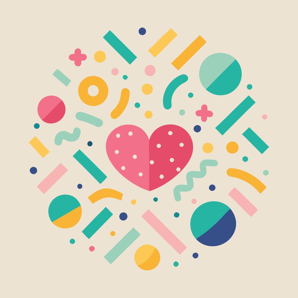a colorful heart surrounded by colorful shapes vector