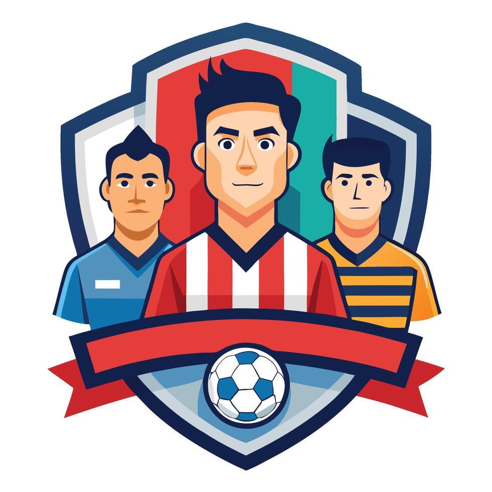 soccer team logo with three men in front of a shield vector