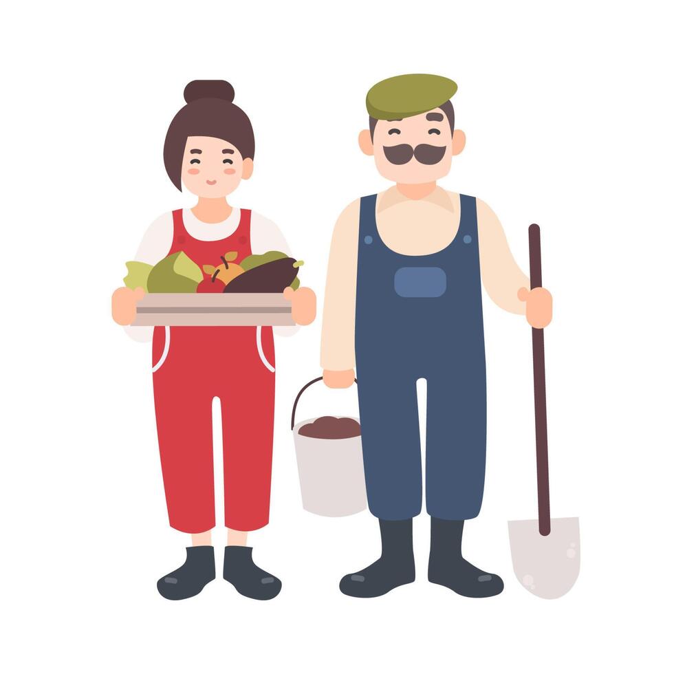 Pair of smiling male and female farm or garden workers carrying gathered harvest, shovel and bucket. Cute village couple. Flat cartoon characters isolated on white background. illustration. vector