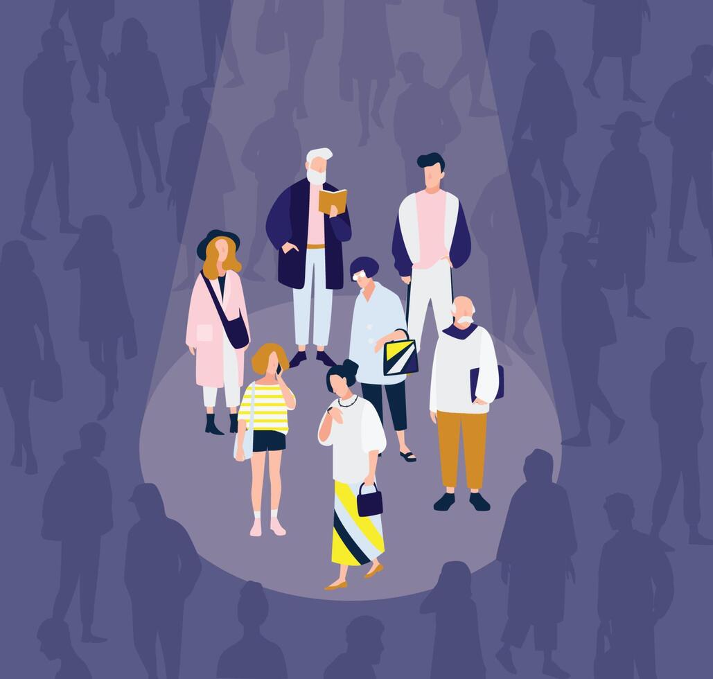 Men and women of various age illuminated by bright spot light against crowd of people in darkness on background. Concept of diverse focus group. Colorful illustration in flat cartoon style. vector
