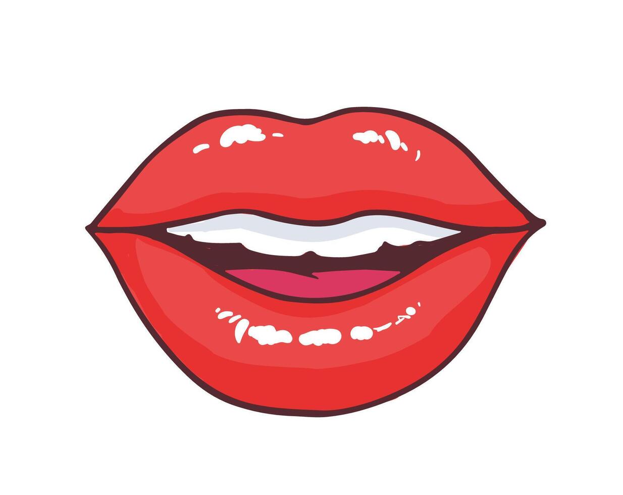 Slightly ajar mouth with bright red glossy lips isolated on white background. Pretty symbol of love, kiss, passion and desire. Glamorous romantic design element. Comics cartoon illustration. vector
