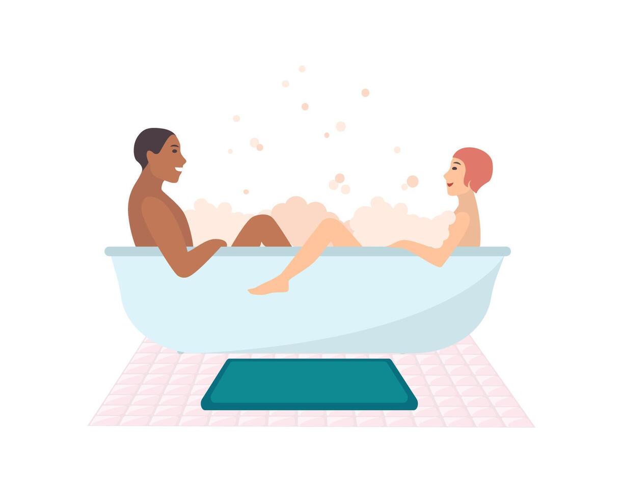 Young naked couple sitting in bathtub full of soap foam isolated on white background. Happy smiling man and woman spending time on romantic date in bathroom. Flat cartoon illustration. vector