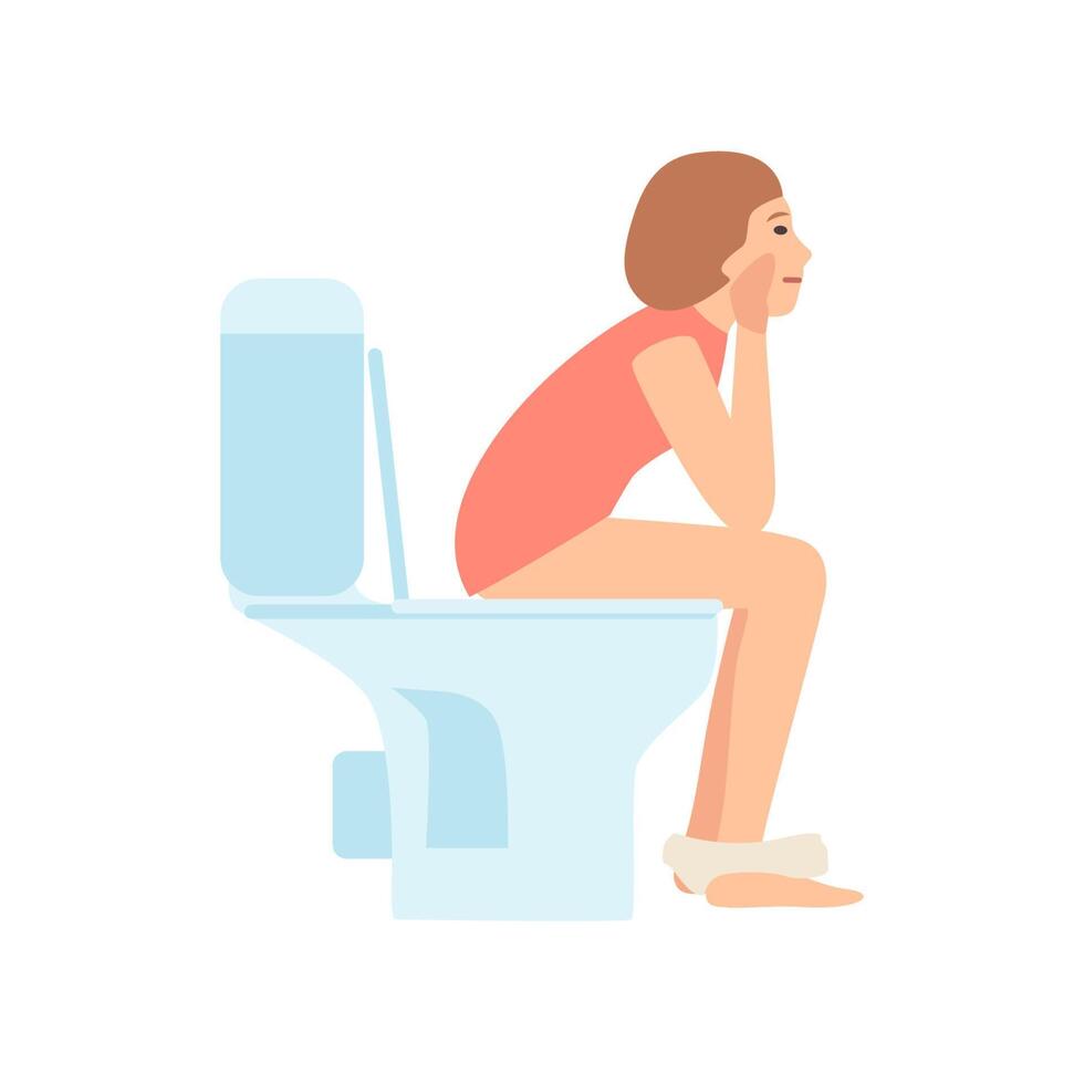 Thoughtful young woman or girl sitting on toilet and pooping isolated on white background. Female flat cartoon character spending time in WC, restroom or lavatory. Colorful illustration. vector