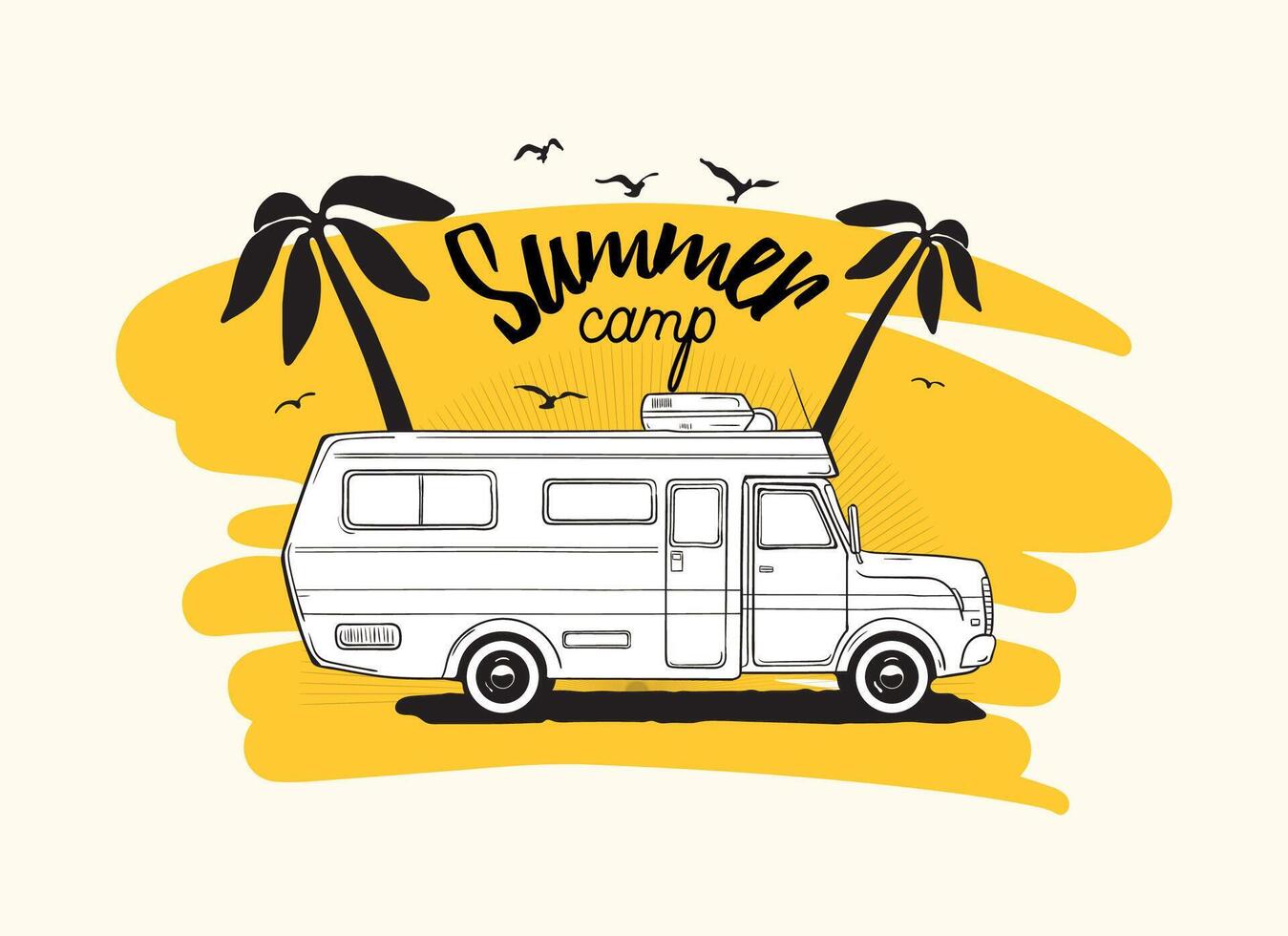 Camper trailer or campervan driving against exotic palm trees on background and Summer Camp inscription. Vehicle for tropics or jungle trip, tropical camping. illustration for advertising. vector