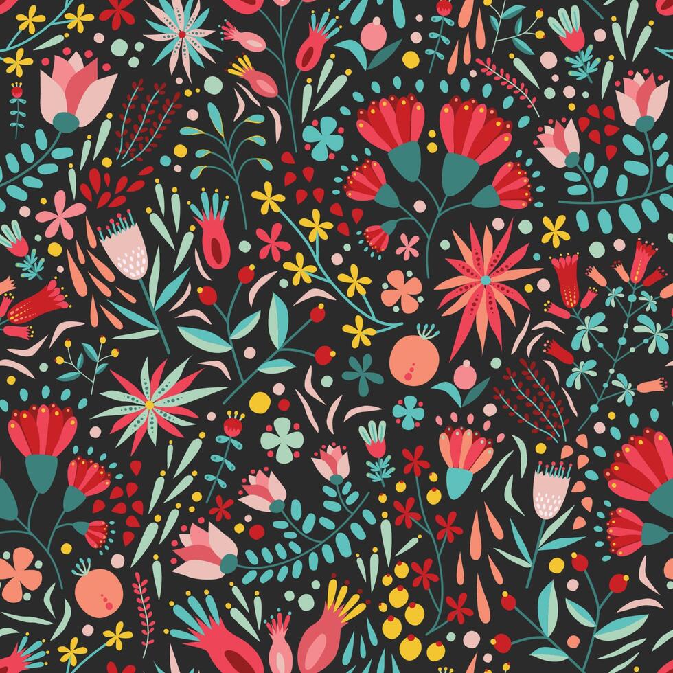 Seamless pattern with beautiful garden blooming flowers on black background. Folk floral backdrop. Colorful natural illustration in flat style for wrapping paper, textile print, wallpaper. vector